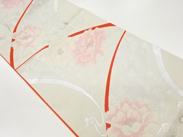 孔雀に牡丹模様織出し袋帯